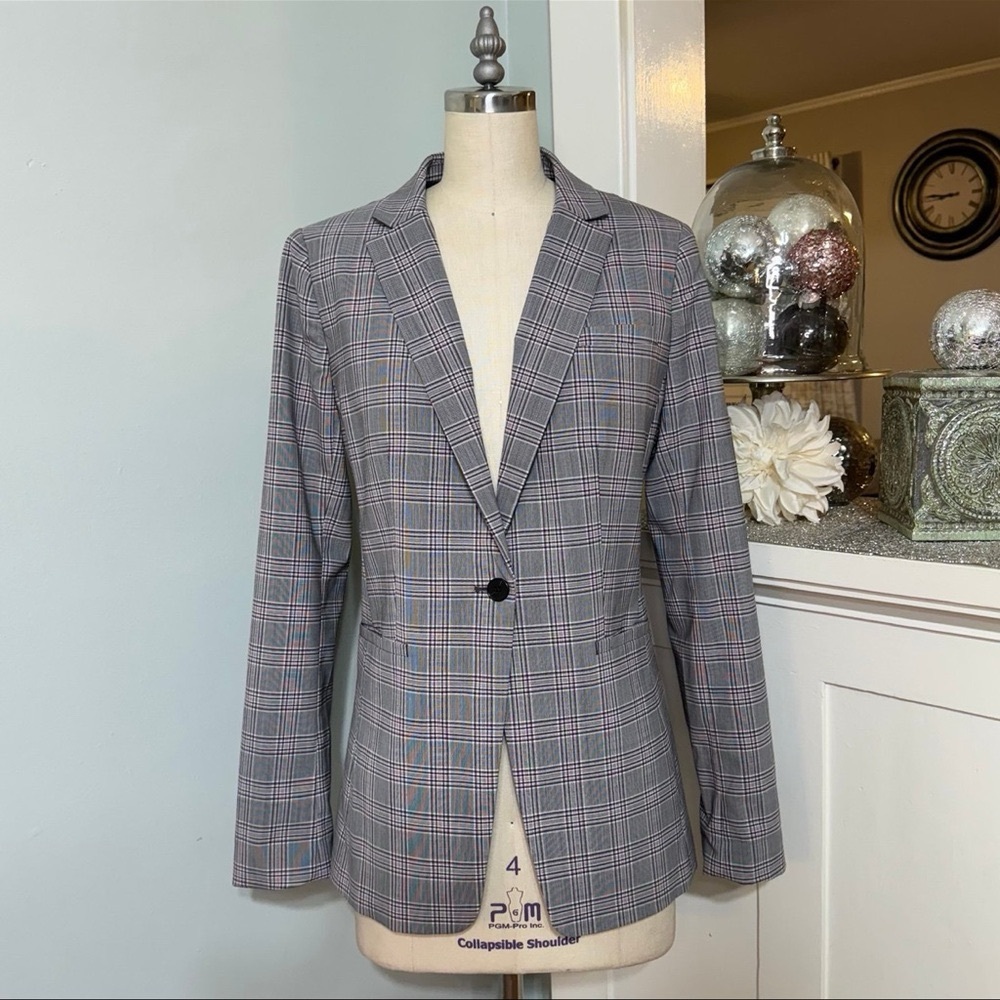 Banana Republic Long & Lean Grey & Lilac Glen Plaid Wool Blazer Jacket Size 6 - Picture 2 of 11